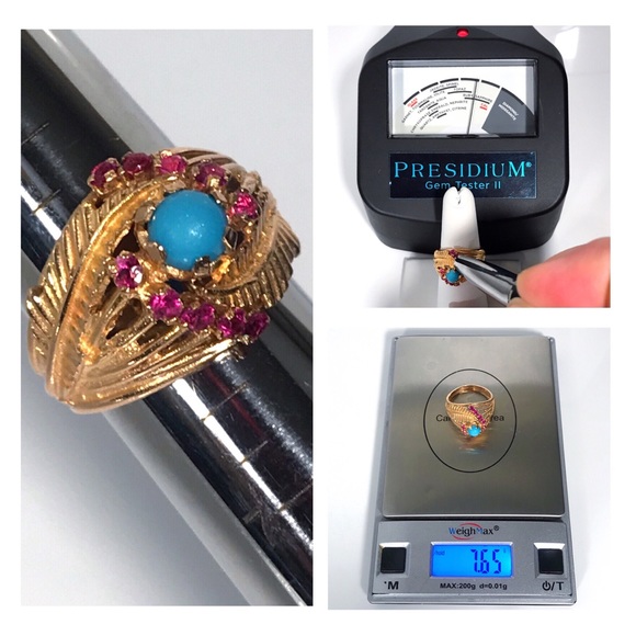 18KT SOLID GOLD ANTIQUE TURQUOISE & RUBY RING - 7.65 GRAMS!! - Picture 10 of 13